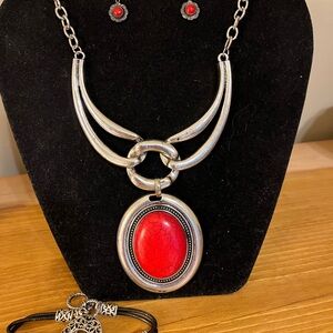 Red statement necklace set with bracelet and earrings